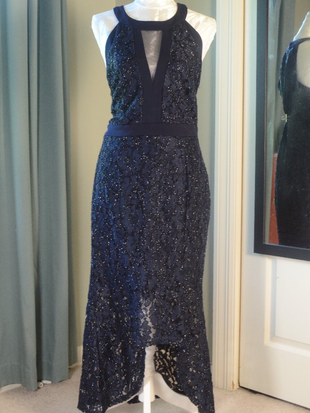 Alexa B Nites 10P Navy Glitter Lace Mermaid High Low Halter Formal Gown Dress